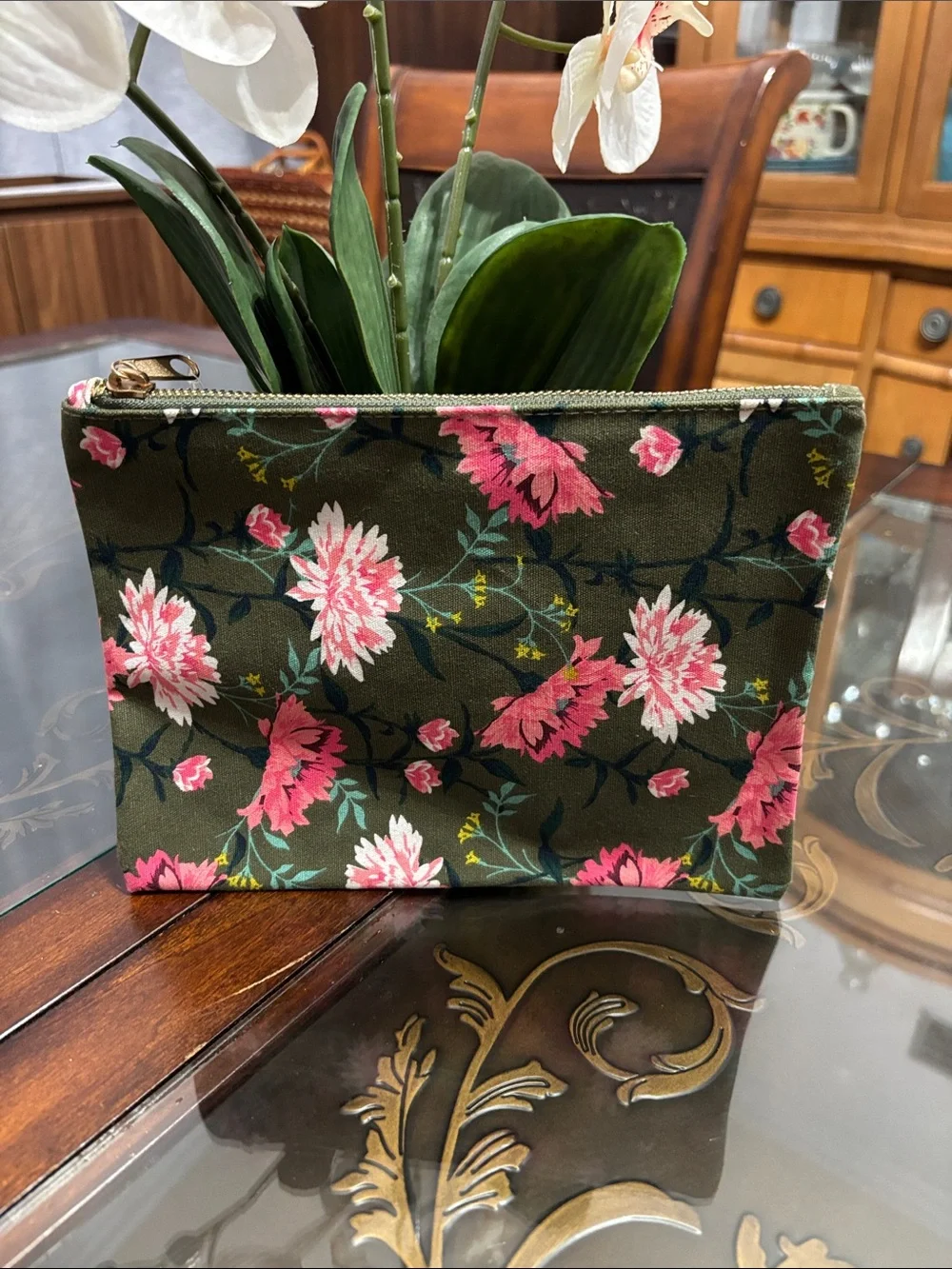Old Navy Olive Floral Wristlet with Pink and White Blooms